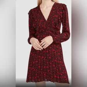 Express |  Floral Rose Ruffle Front Pleated V-Neck Dress